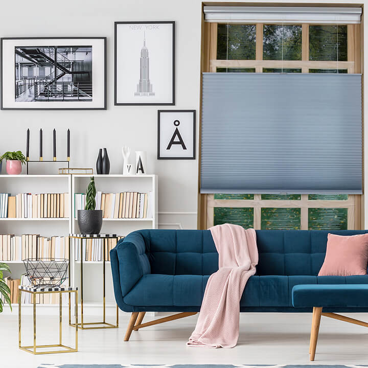 天藍電動雙循環上下開合半透光蜂巢簾 (Federal Blue)